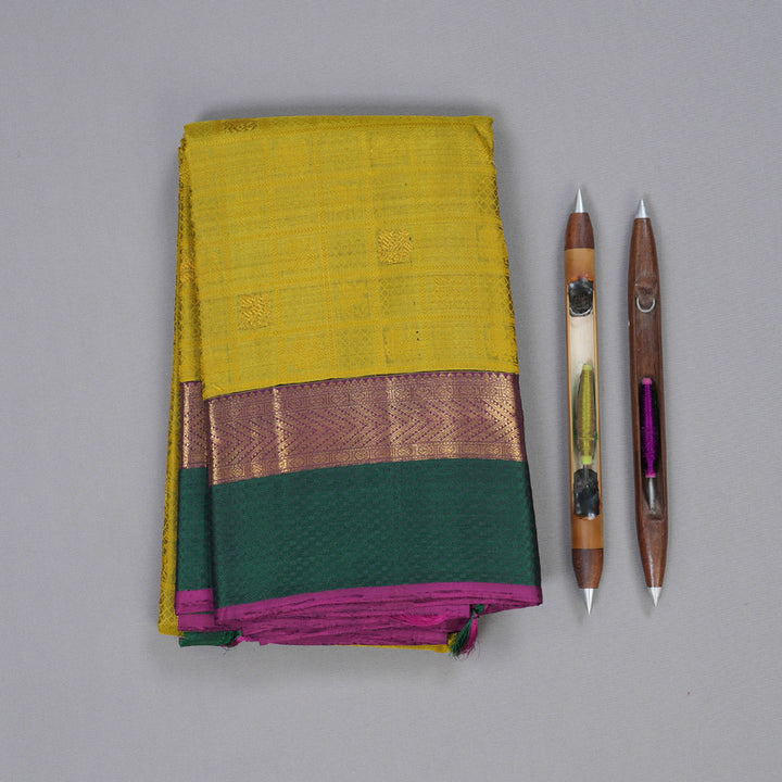 Hayagrivas Sampangi Yellow Kanjivaram Silk Saree with Purple Border - BBD715H7-1