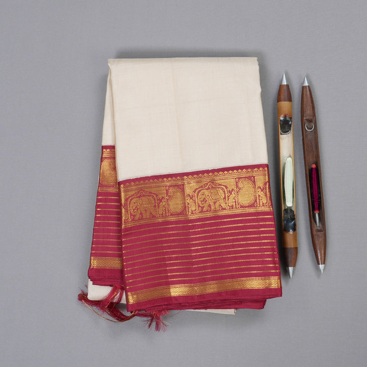 Hayagrivas  Beige Handloom Kanjivaram Silk Saree with Maroon Border BBD718H3-1