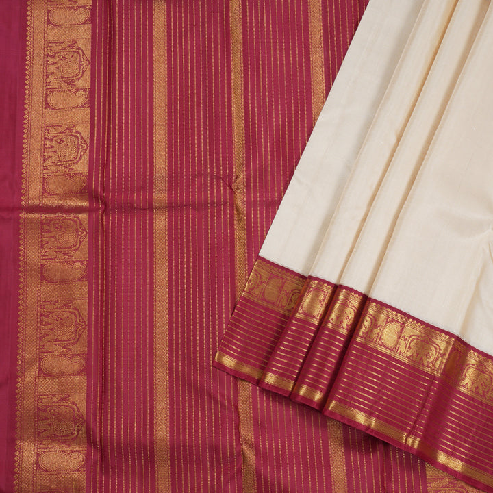 Hayagrivas  Beige Handloom Kanjivaram Silk Saree with Maroon Border BBD718H3-1