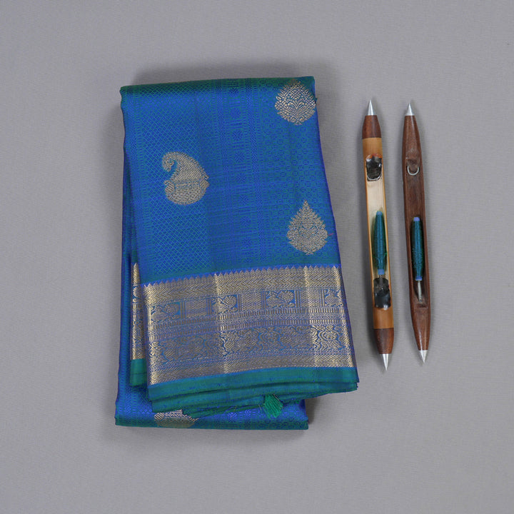 Hayagrivas Peacock Blue Kanjivaram Silk Saree with Peacock Blue Border- BBD719H1-1