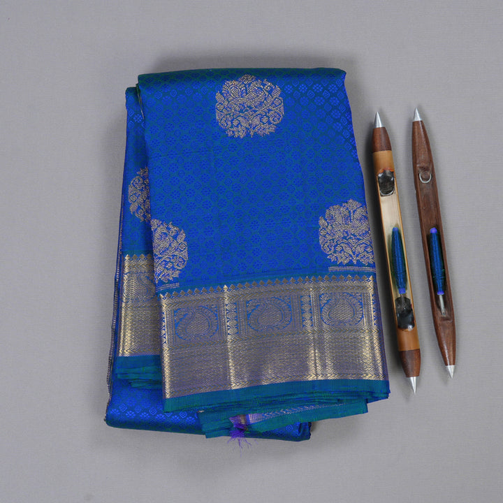 Hayagrivas Peacock Blue,Blue Thread Embossed Kanjivaram Silk Saree with Peacock Blue Border BBD719H2-1