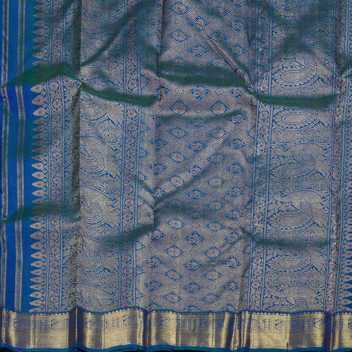 Hayagrivas Peacock Blue,Blue Thread Embossed Kanjivaram Silk Saree with Peacock Blue Border BBD719H2-1