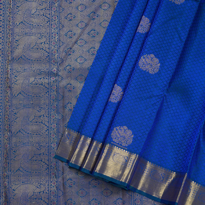 Hayagrivas Peacock Blue,Blue Thread Embossed Kanjivaram Silk Saree with Peacock Blue Border BBD719H2-1