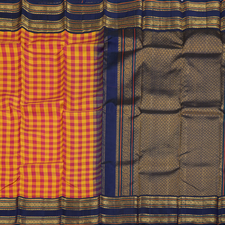 Hayagrivas Pink- Yellow Checks Kanjivaram Silk Saree with Blue Border - BBD727H3-1