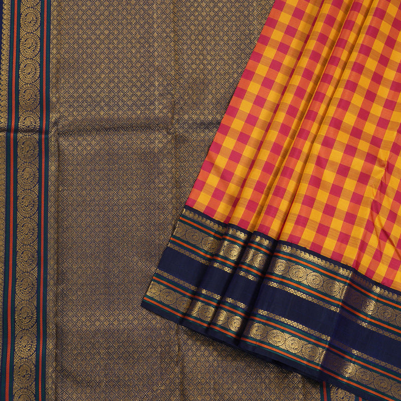 Hayagrivas Pink- Yellow Checks Kanjivaram Silk Saree with Blue Border - BBD727H3-1