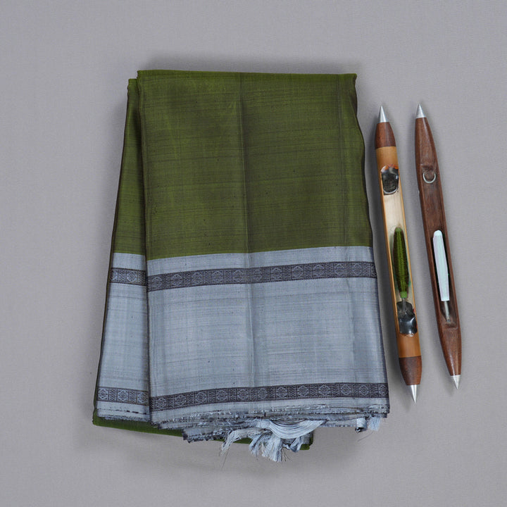 Hayagrivas Dark Olive Green Kanjivaram Silk Saree with Grey Border BBD735H4-1