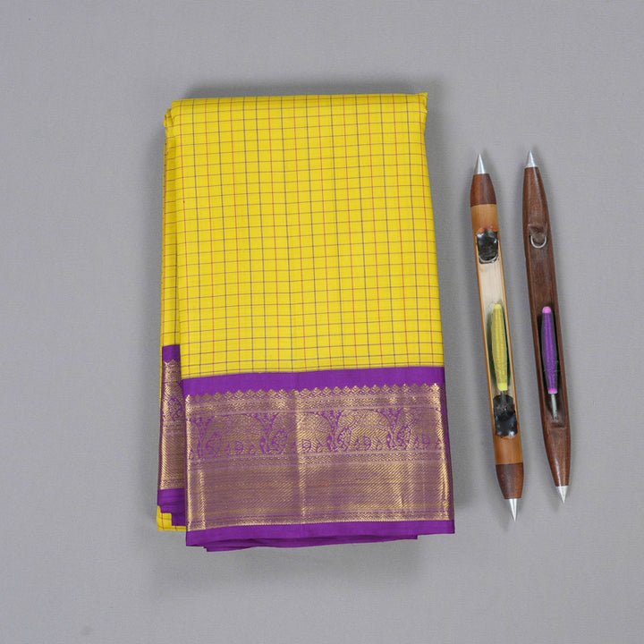 Hayagrivas Lemon Yellow Kanjivaram Silk Saree with Purple Border BBD741H3-1