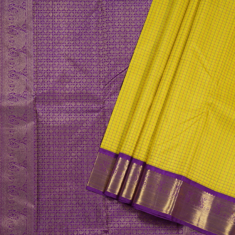 Hayagrivas Lemon Yellow Kanjivaram Silk Saree with Purple Border BBD741H3-1