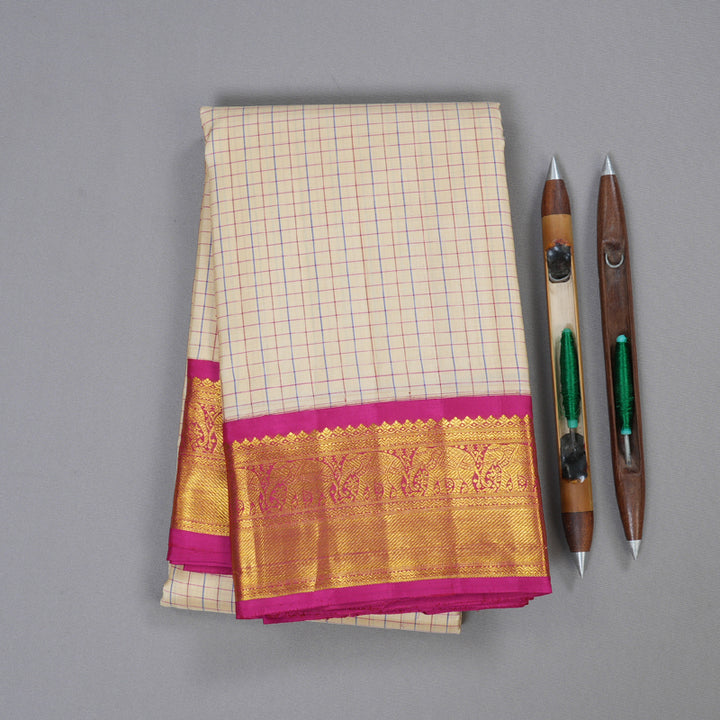 Hayagrivas Beige Kanjivaram Silk Saree with Pink Border BBD741H4-1