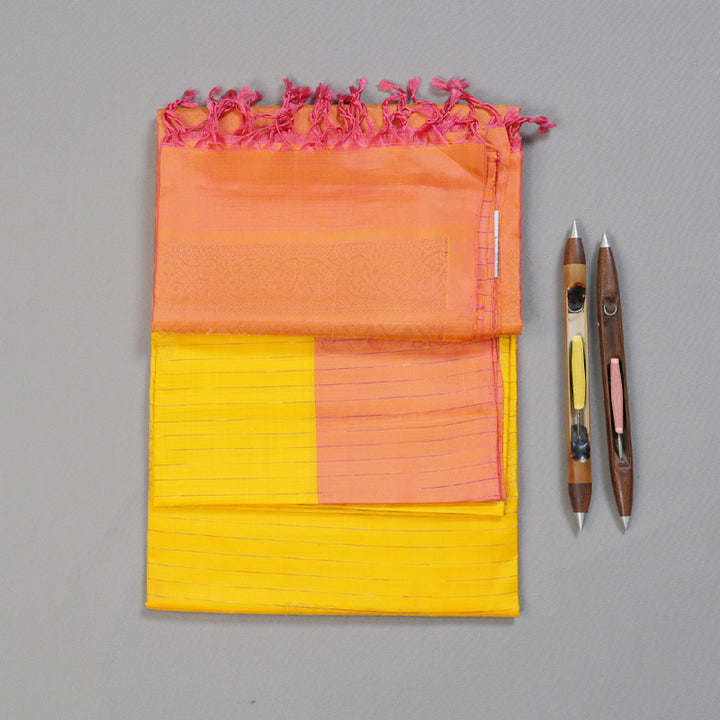 Hayagrivas Striking Yellow Handloom Soft Silk Saree with Dual Tone (Pink With Yellow) Border BBD742H10-1