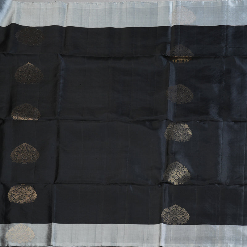 Hayagrivas Stunning Black Handloom Soft Silk Saree with Silver Grey Border BBD742H9-4