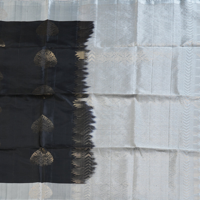 Hayagrivas Stunning Black Handloom Soft Silk Saree with Silver Grey Border BBD742H9-4