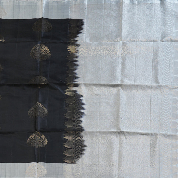 Hayagrivas Stunning Black Handloom Soft Silk Saree with Silver Grey Border BBD742H9-4