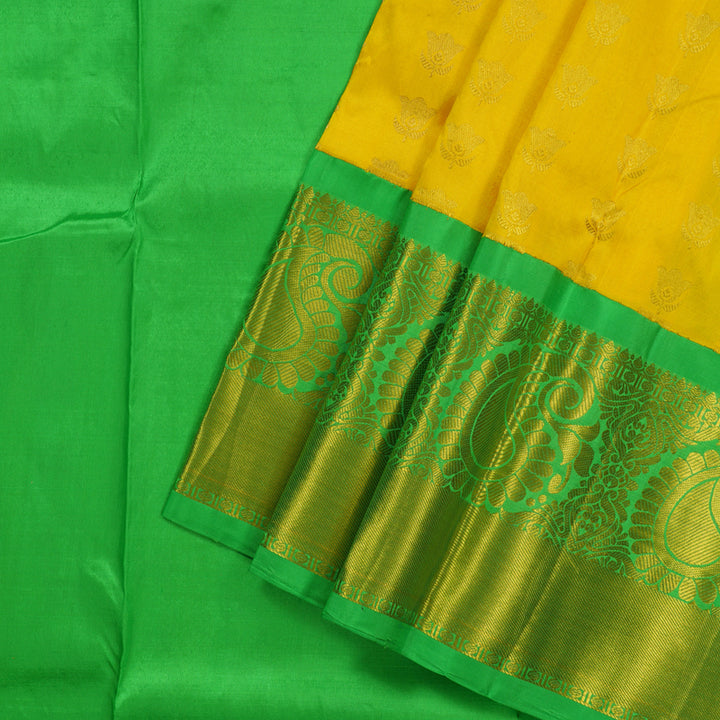 Hayagrivas Handloom Lemon Yellow Kanjivaram Silk Pattu Pavadai with Parrot Green Border BBD743H13-3
