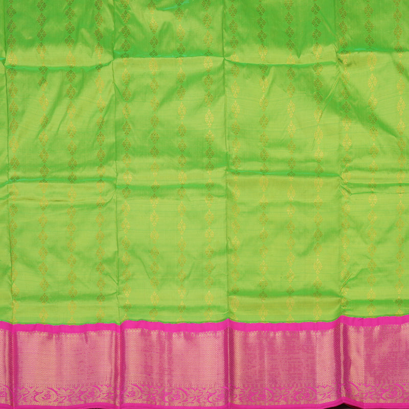 Hayagrivas Neon Green Kanjivaram Pattu Pavadai with Rani Pink Border BBD743H13-5