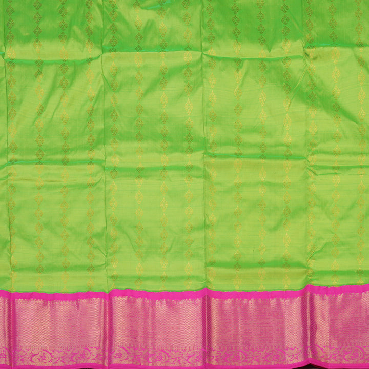 Hayagrivas Neon Green Kanjivaram Pattu Pavadai with Rani Pink Border BBD743H13-5