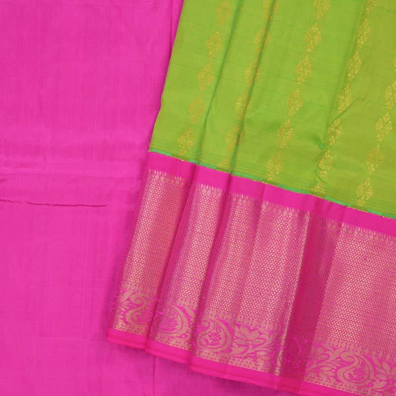 Hayagrivas Neon Green Kanjivaram Pattu Pavadai with Rani Pink Border BBD743H13-5