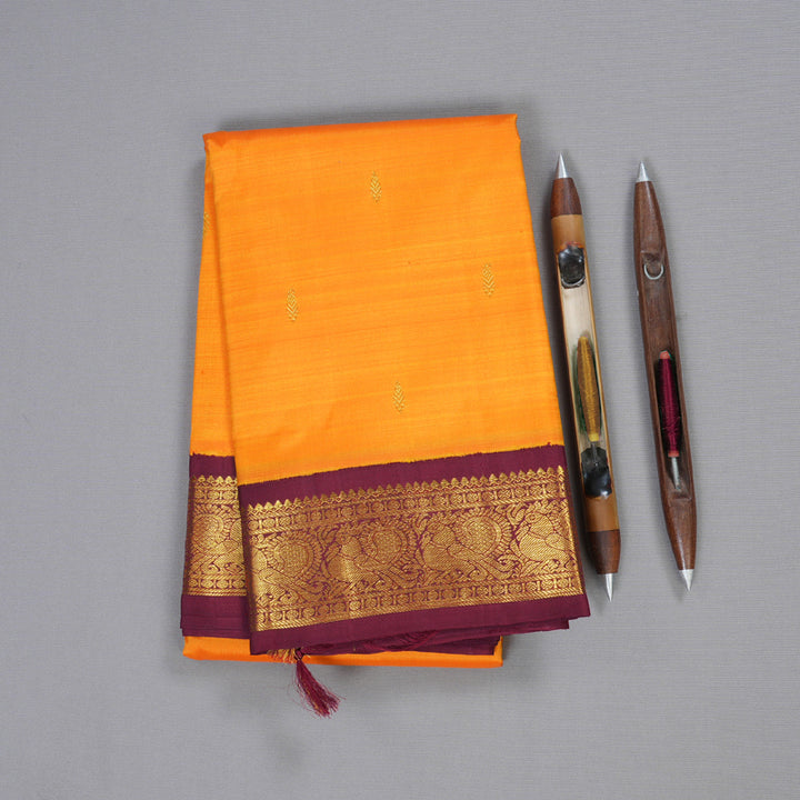 Hayagrivas Mango Yellow Kanjivaram Silk Saree with Maroon Border BBD745H1-1