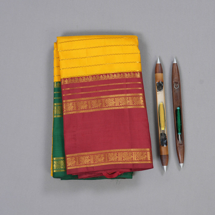 Hayagrivas Yellow Kanjivaram Silk Saree with Green And Maroon Border - BBD746H1-1