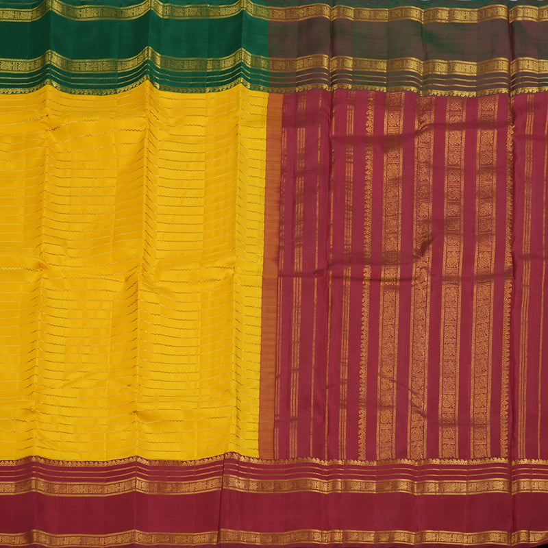 Hayagrivas Yellow Kanjivaram Silk Saree with Green And Maroon Border - BBD746H1-1