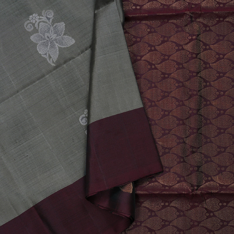 Hayagrivas Dark Grey Handloom Soft Silk Saree with Wine Maroon Border BBD758H1-2