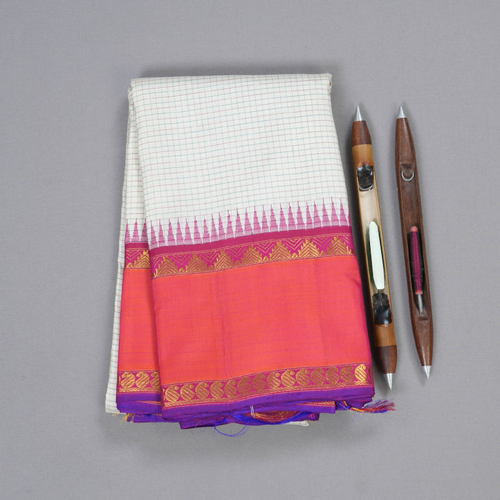 Hayagrivas White Kanjivaram Silk Saree with Orangish Pink Border BBD766H2-1