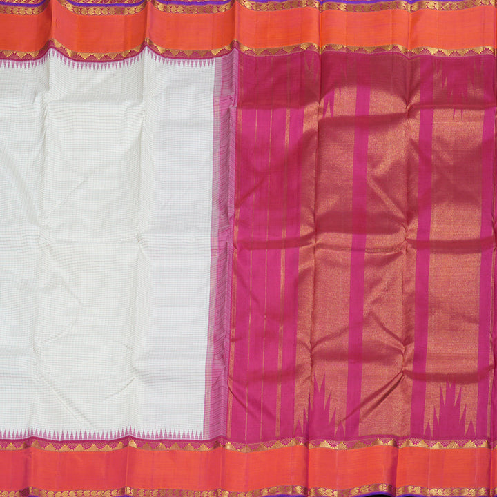 Hayagrivas White Kanjivaram Silk Saree with Orangish Pink Border BBD766H2-1