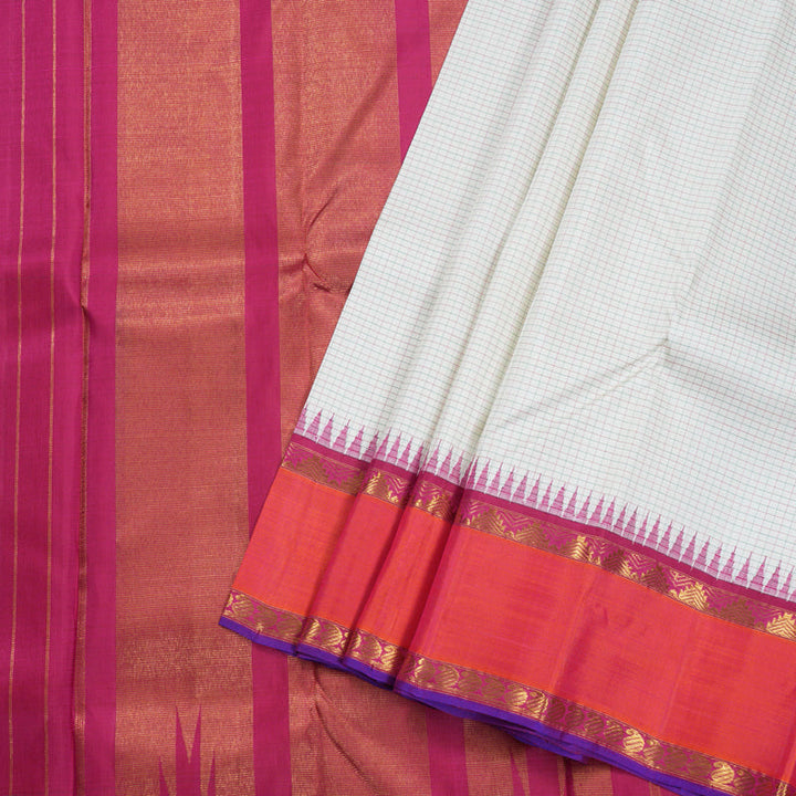 Hayagrivas White Kanjivaram Silk Saree with Orangish Pink Border BBD766H2-1