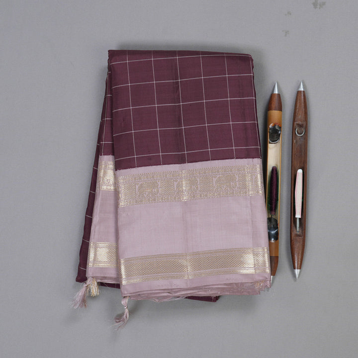 Hayagrivas Plum Purple Kanjivaram Silk Saree with Onion Pink Border - BBD768H7-1