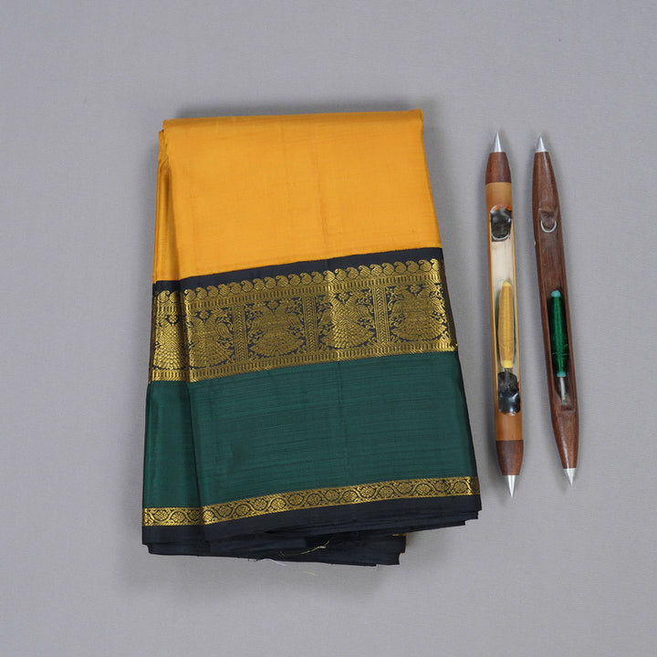 Hayagrivas Mustard Yellow Kanjivaram Silk Saree with Gandaberunda Motifs across Black and Bottle Green Border - BBD771H3-1