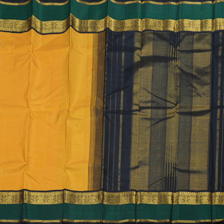 Hayagrivas Mustard Yellow Kanjivaram Silk Saree with Gandaberunda Motifs across Black and Bottle Green Border - BBD771H3-1