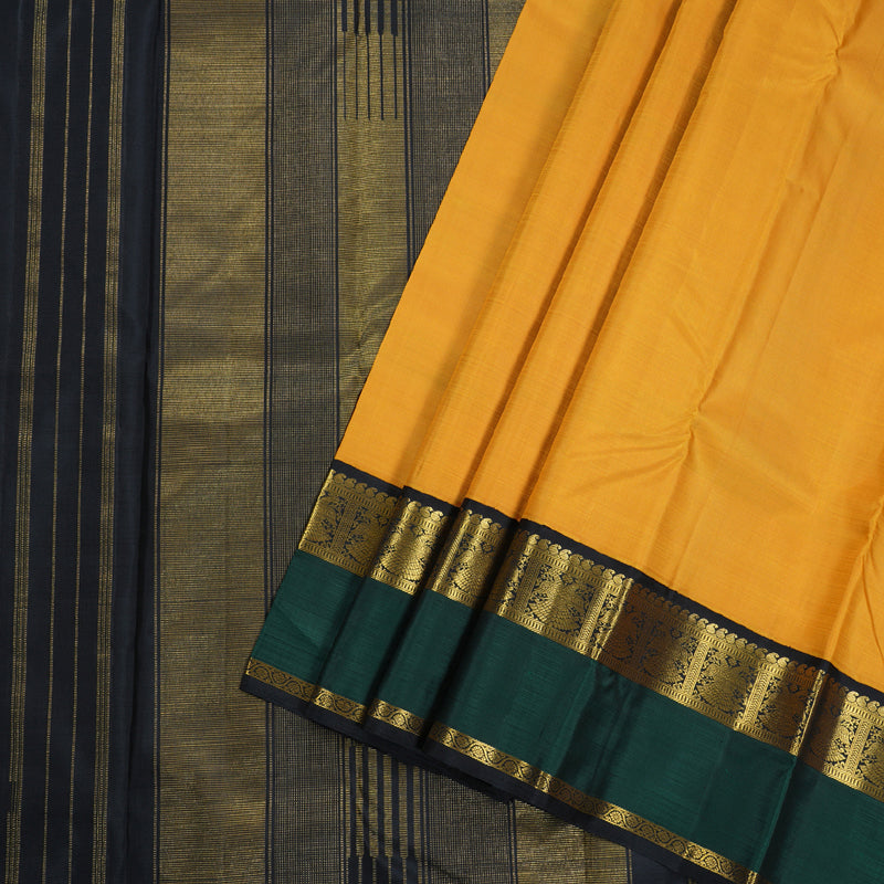 Hayagrivas Mustard Yellow Kanjivaram Silk Saree with Gandaberunda Motifs across Black and Bottle Green Border - BBD771H3-1