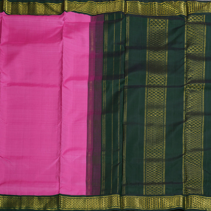 Hayagrivas Rose Pink Handloom Kanjivaram Ten Yards Silk Saree with Bottle Green Border BBD776H5-2