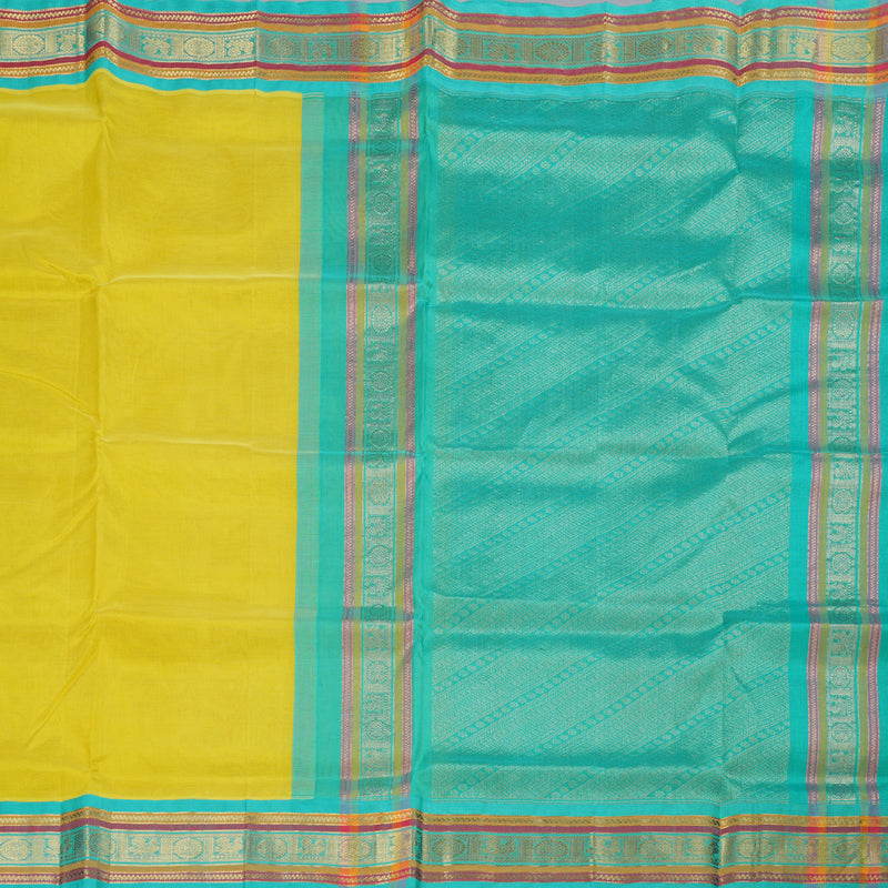 Hayagrivas Lemon Yellow with Sea Green Border Handloom Silk Cotton Saree