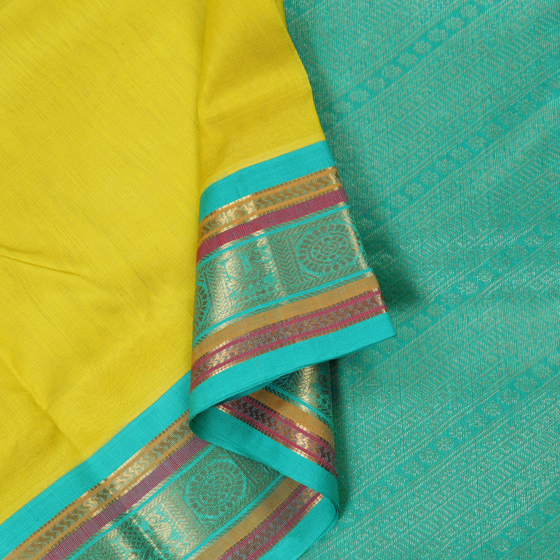 Hayagrivas Lemon Yellow with Sea Green Border Handloom Silk Cotton Saree