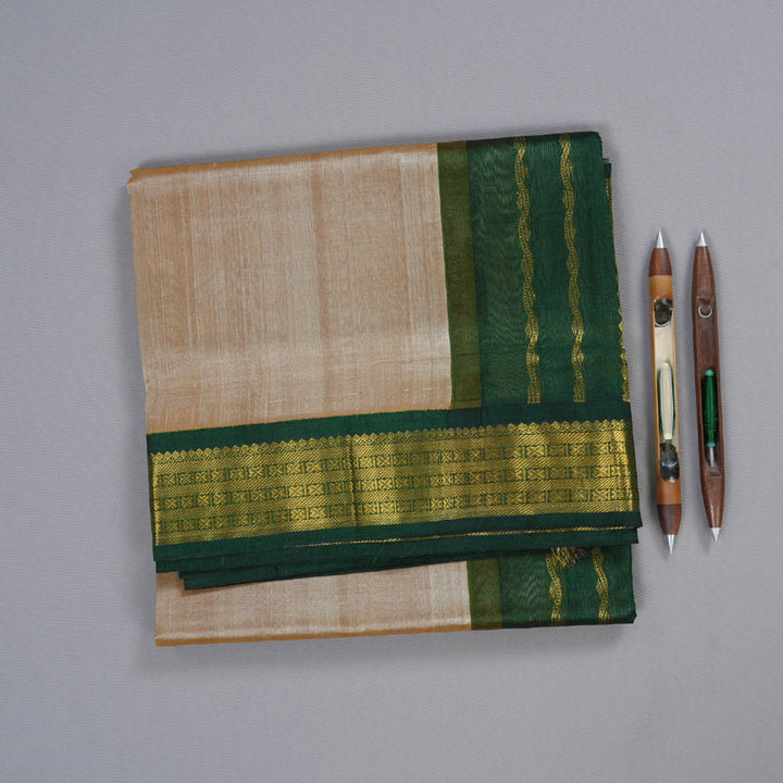 Hayagrivas Sandal Beige Nineyards Silk Cotton Saree with Bottle Green Border BBD784H2-1