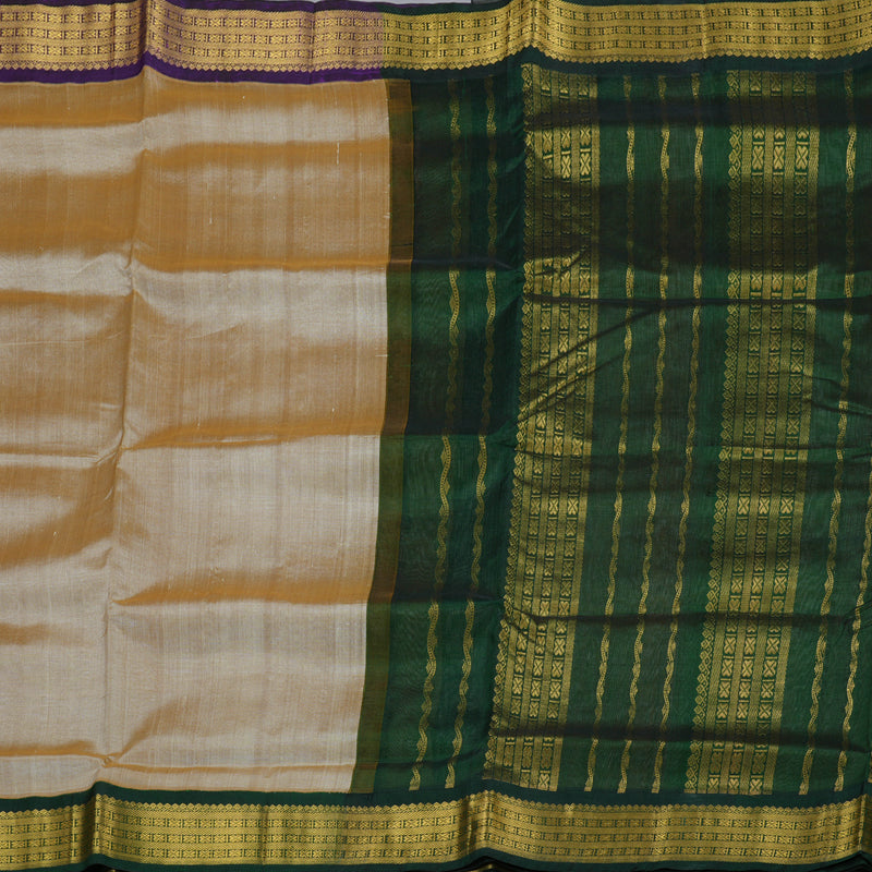 Hayagrivas Sandal Beige Nineyards Silk Cotton Saree with Bottle Green Border BBD784H2-1