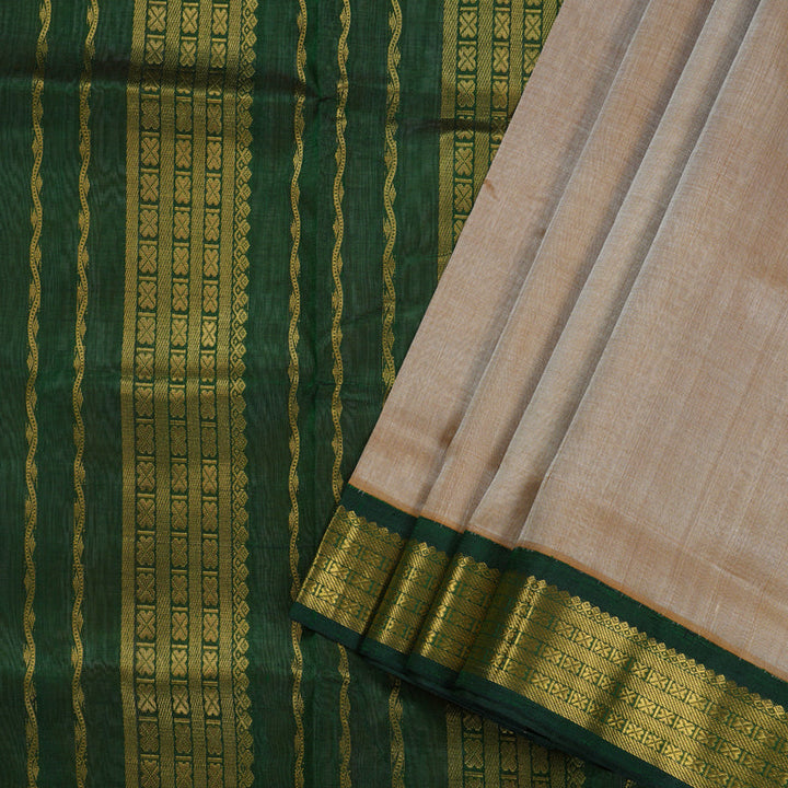 Hayagrivas Sandal Beige Nineyards Silk Cotton Saree with Bottle Green Border BBD784H2-1