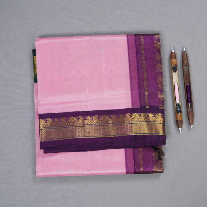 Hayagrivas Baby Pink Nineyards Silk Cotton Saree with Purple Border BBD784H2-2