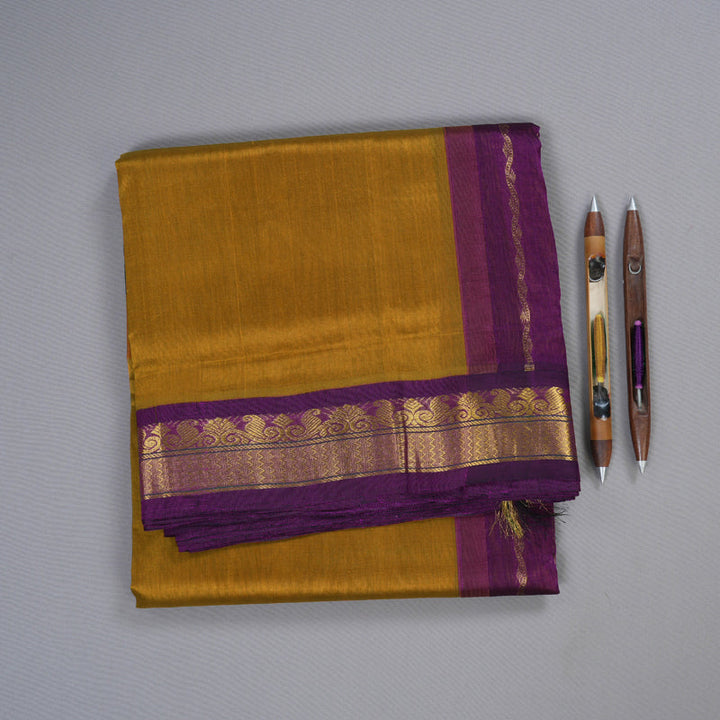 Hayagrivas Mustard Nineyards Silk Cotton Saree with Purple Border BBD784H2-4