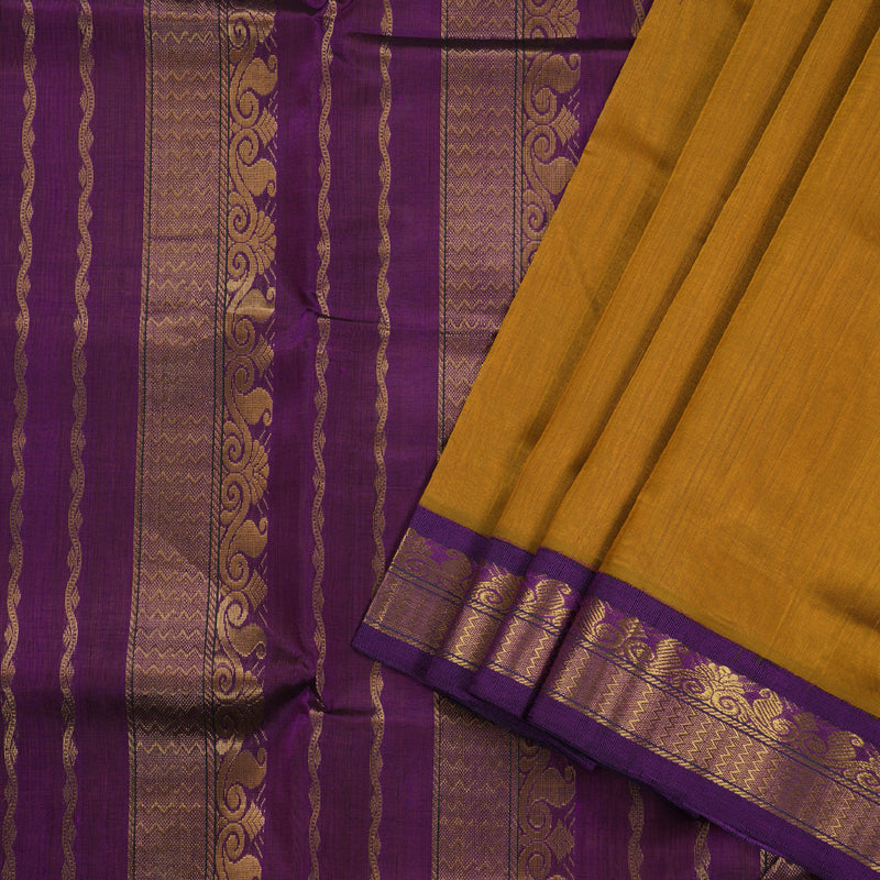 Hayagrivas Mustard Nineyards Silk Cotton Saree with Purple Border BBD784H2-4