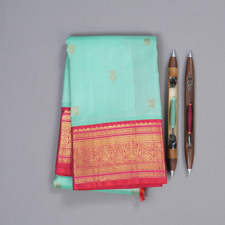 Hayagrivas Sea Blue Handloom Kanjivaram Silk Saree with Redish Pink Border BBD787H4-3
