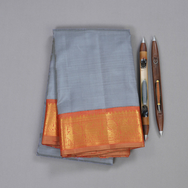 Hayagrivas Silver Grey Kanjivaram Silk Saree with Dual Tone (Rust & Red) Border BBD792H5-2