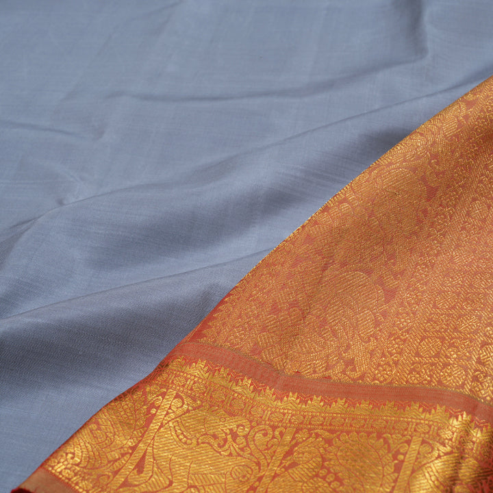 Hayagrivas Silver Grey Kanjivaram Silk Saree with Dual Tone (Rust & Red) Border BBD792H5-2