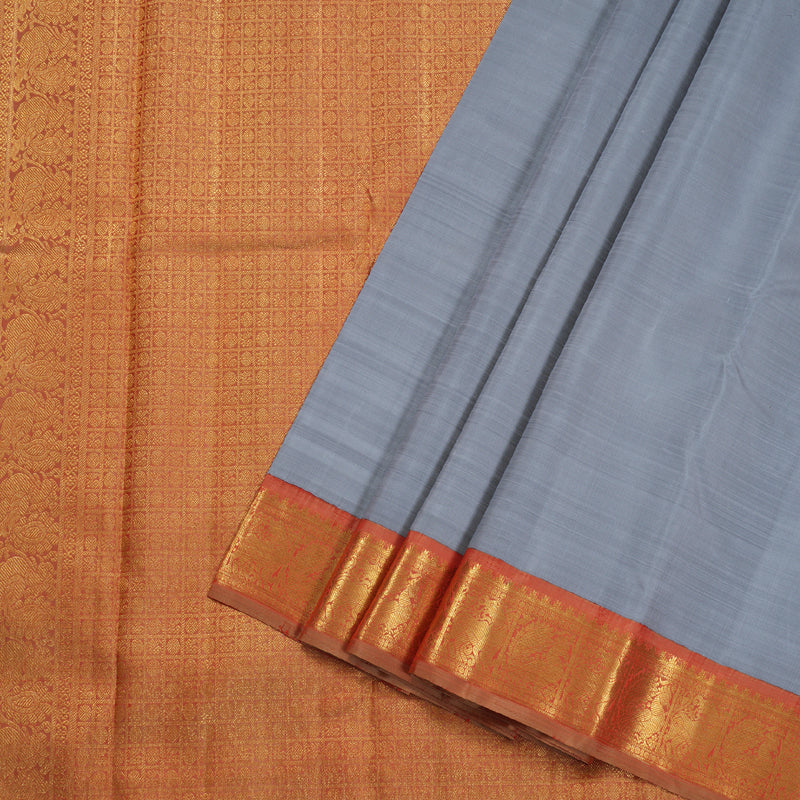 Hayagrivas Silver Grey Kanjivaram Silk Saree with Dual Tone (Rust & Red) Border BBD792H5-2