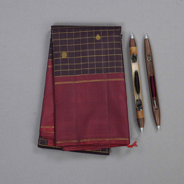 Hayagrivas Dark Brown Handloom Kanjivaram Silk Saree with Wine Maroon Border BBD793H8-1