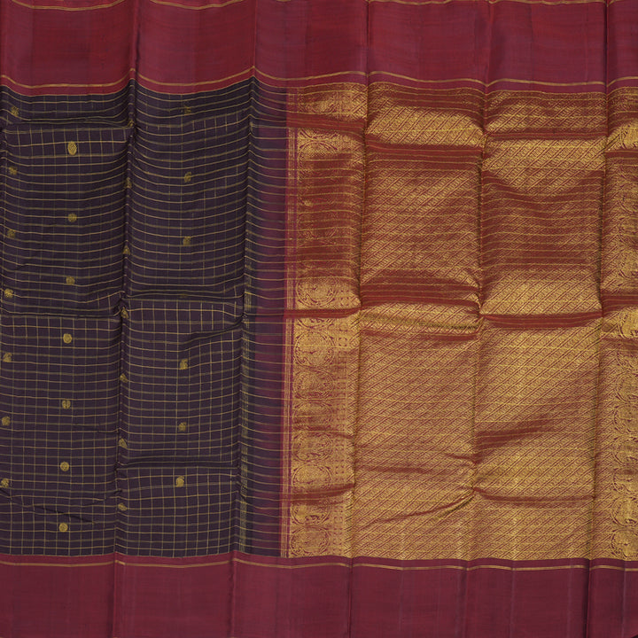 Hayagrivas Dark Brown Handloom Kanjivaram Silk Saree with Wine Maroon Border BBD793H8-1