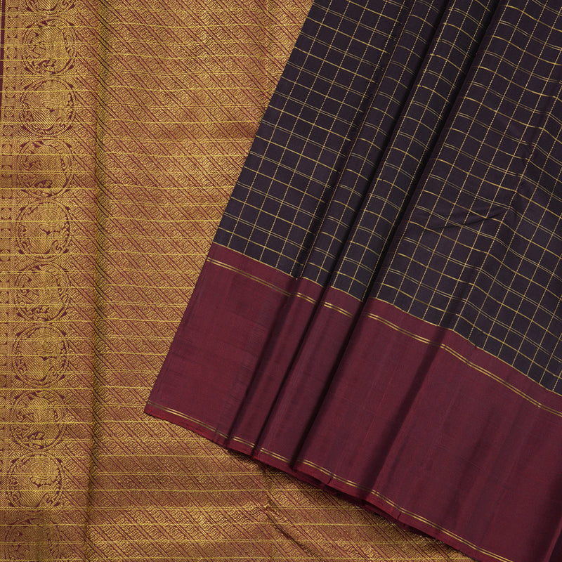 Hayagrivas Dark Brown Handloom Kanjivaram Silk Saree with Wine Maroon Border BBD793H8-1