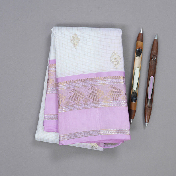 Hayagrivas White Kanjivaram Silk Saree with Lavender Border BBD799H4-1