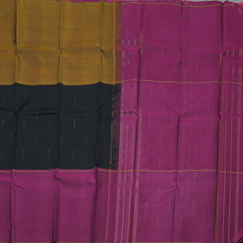 Hayagrivas Handloom Mustard, Black & Wine Purple (Mubhagam) Kanjivaram Silk Saree with Wine Purple Border BBD811I1-1